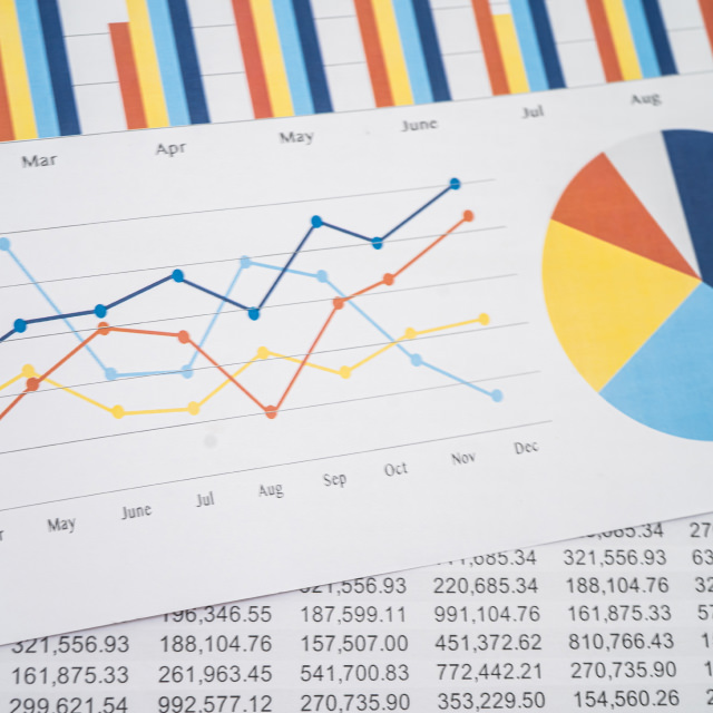 bar charts, plot lines and pie chart analyzing data